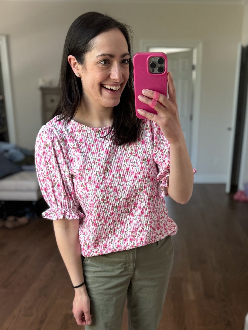 zeagoo Pink Floral Pintuck Ruffle Sleeve Blouse